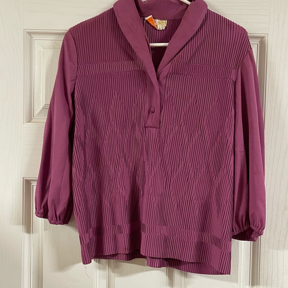 ILGWU Pleated V-Neck Blouse in Deep Plum